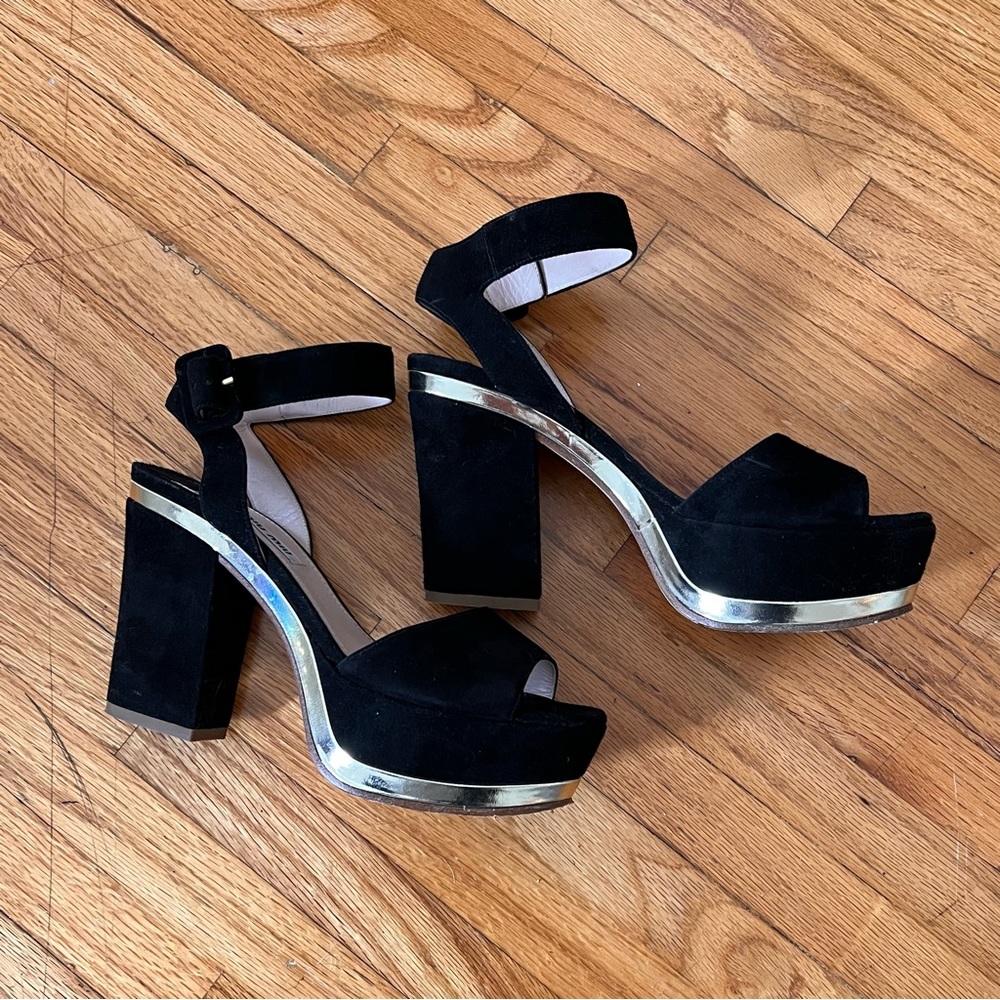 Miu Miu Black Suede Ankle Strap Platforms with Gold Detail